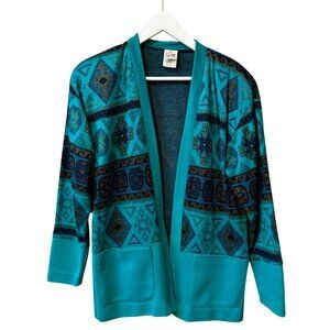 Vtg 80s Graff Teal Blue Geometric Print Metallic Detail Open Cardigan Sweater 6